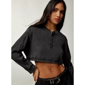 BDG Womens XS Vintage Henley Waffle Crop Sweatshirt Cotton Black Long Sleeves